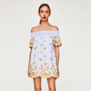 Zara TRF Striped Embroidered Off Shoulder Dress in Blue/Yellow SIZE M